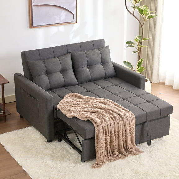 BIGSYY 52" Linen 3-in-1 Convertible Sleeper Sofa with Pull-Out Bed, Stepless Adjustable Backrest & Side Pocket - Dark Grey