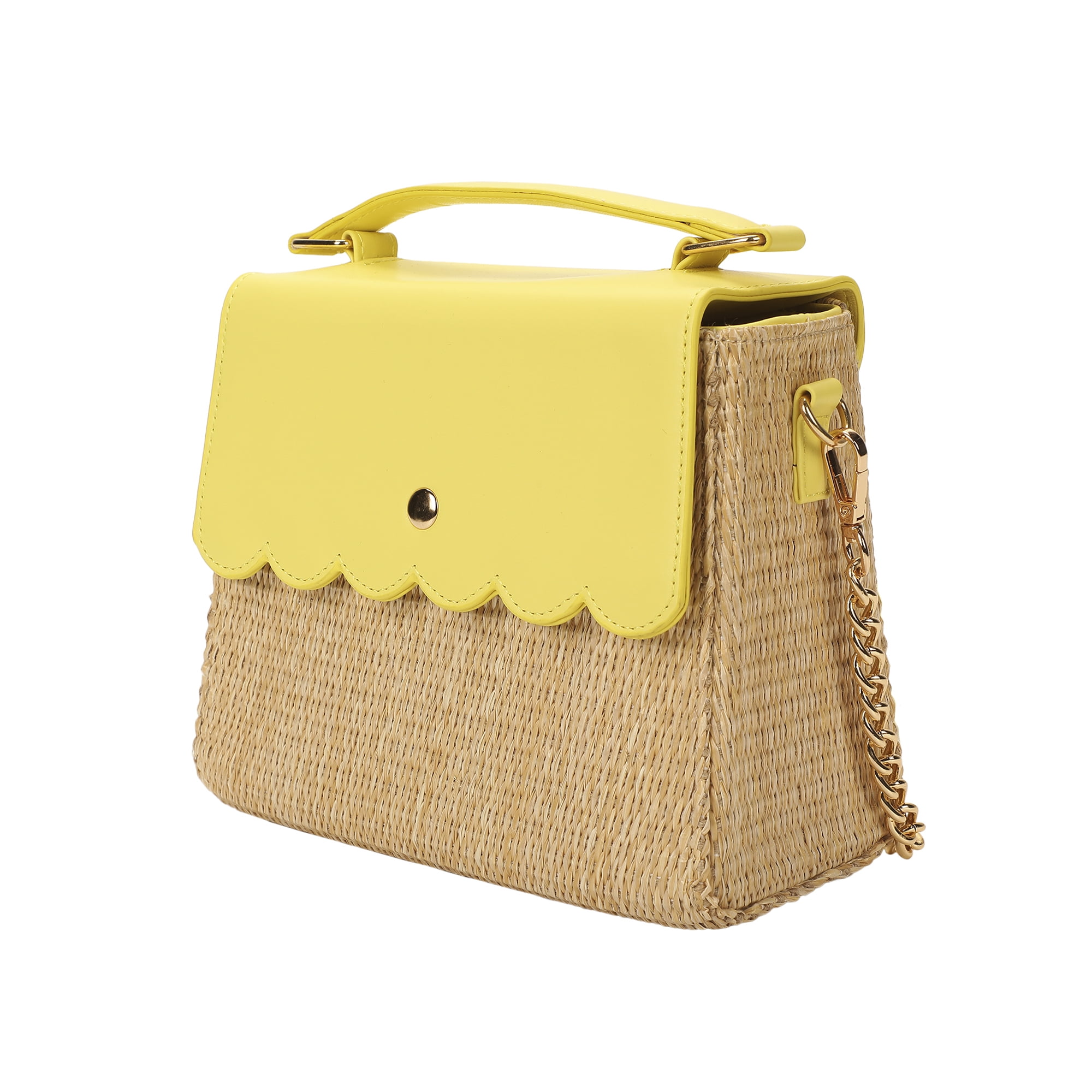 Packed Party Women's Woven Straw Crossbody Bag with Faux Leather Scallop and Chain Strap, Yellow