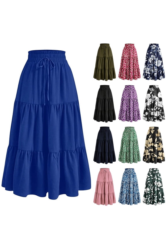 Floral Skirt for Women Summer Casual High Waist Tiered Maxi Skirts Trendy A Line Long Skirts L