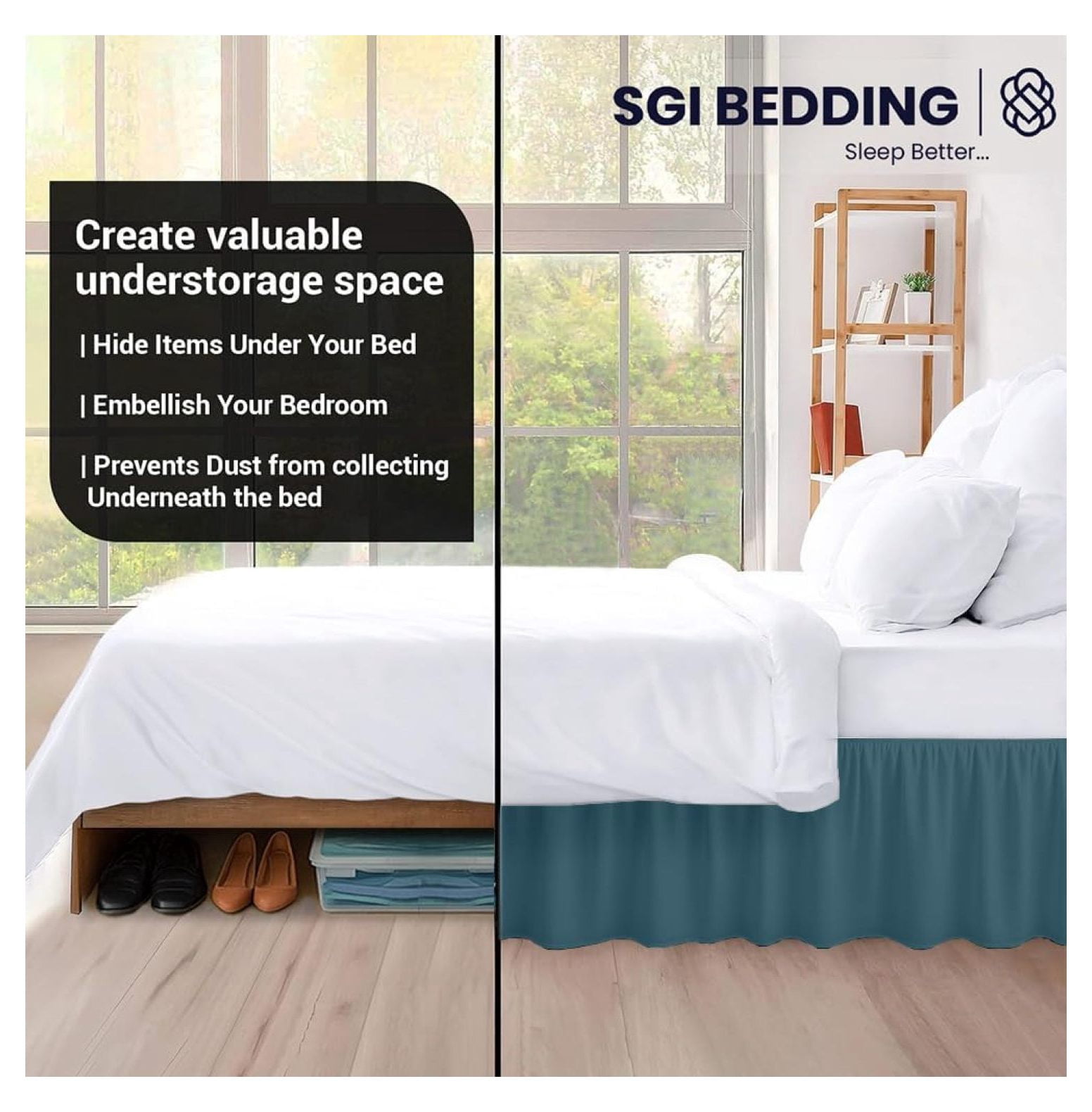 12 Inch Drop Ruffled Bed Skirt King Size - Classic Gathered Styling, Platform Style Dust Ruffle with Secure Fit, Split Corners, Wrinkle-Resistant Microfiber - Teal