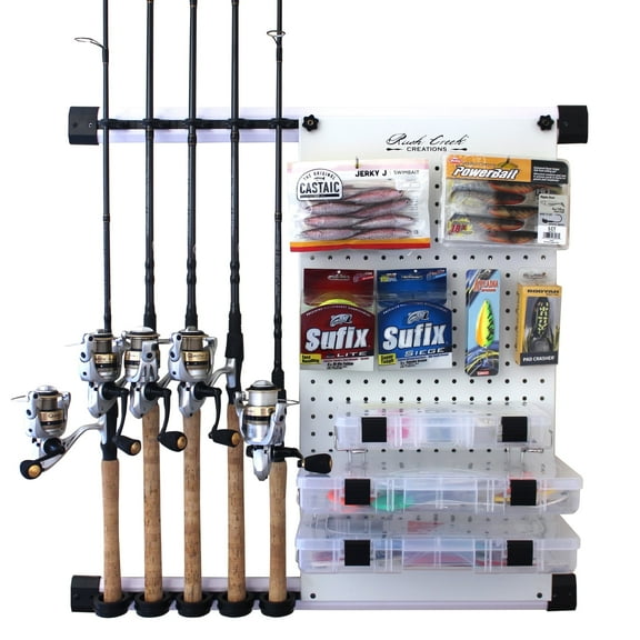 Rush Creek Creations Fishing Rod Wall Mount Vertical with Tackle Storage 5 Rod Capacity