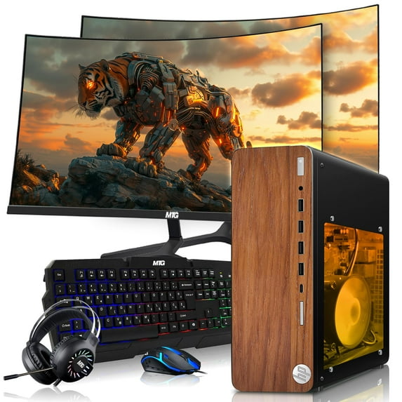 Restored HP Full Dark Gaming PC Desktop Computer – AMD Pro A10-9700,GT 1030 Graphics,8GB RAM,256GB SSD,Dual 27 Inch Curved Monitor,RGB Keyboard with AI Copilot,Mouse,WiFi,RGB Headphone,Windows 11 (Refurbished)