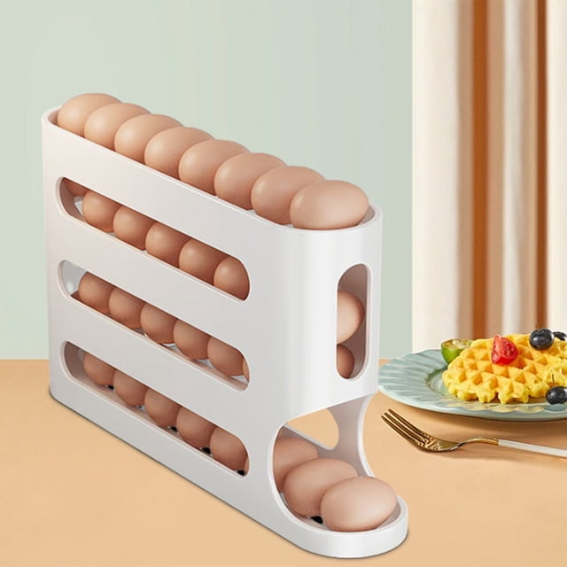 Organizador de Huevos con Ruedas de 4 Niveles para Refrigerador: Dispensador de Huevos Compacto con Capacidad para 30 Huevos, Diseño Resistente y Protección Lateral para El Almacenamiento En El Refri