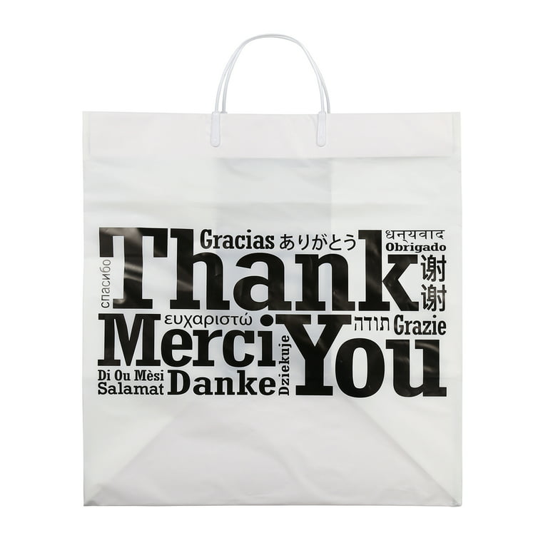 Royal Plastic Shopping Bags with Flat Bottoms, 11.5 x 10.5 x 19,  Multilingual Thank You Print, Case of 250 