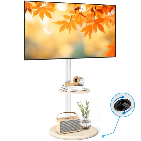 RTVR Mobile Floor TV Stand with Round Wooden Base for 32-65 inch Screens, Portable Swivel Tilt Adjustable TV Cart, Oak