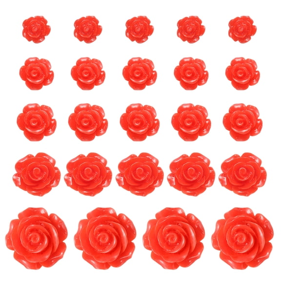60 Pcs Red Resin Rose Flower Beads, 5 Size Flatback Flower Charm Opaque Carve Rose Beads No Hole