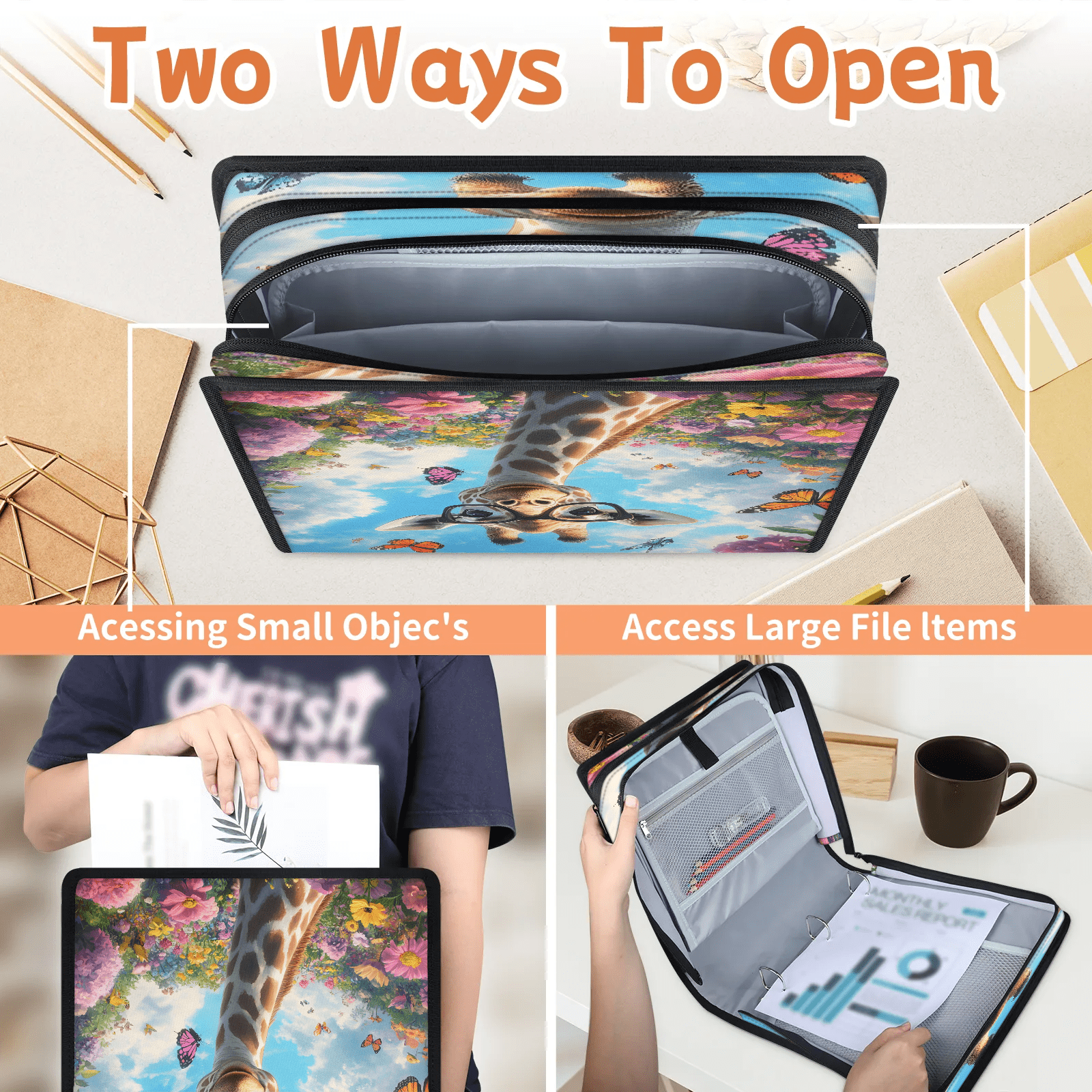 Herdesigns Giraffe Zipper Binder with Shoulder Strap, Waterproof 1.5 Inch 3 D-Ring Binder Organizer Bag, Fits 13 Inch Laptop for Work, Cute