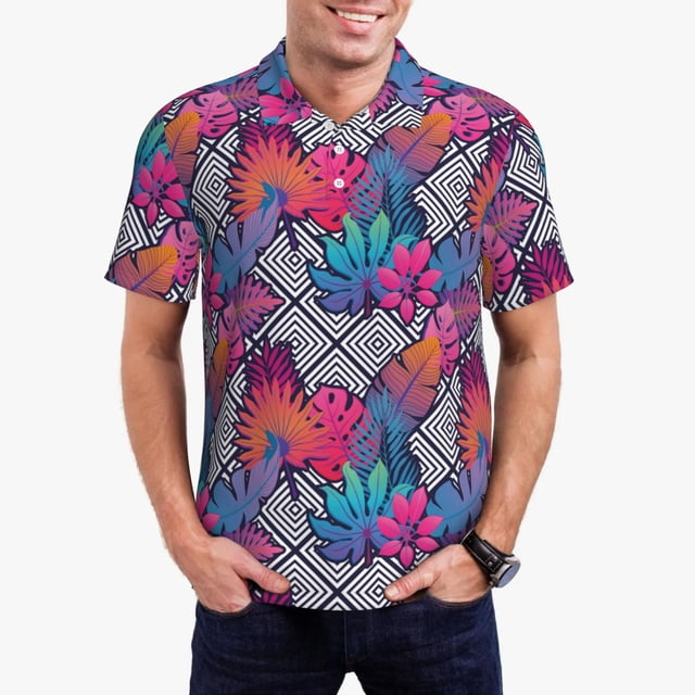 Balery Tropical Leaves Camisa Polo de Hombre con Estampado, de Manga Corta y Tejido Medio, Camisa Tipo Golf Polo-Large