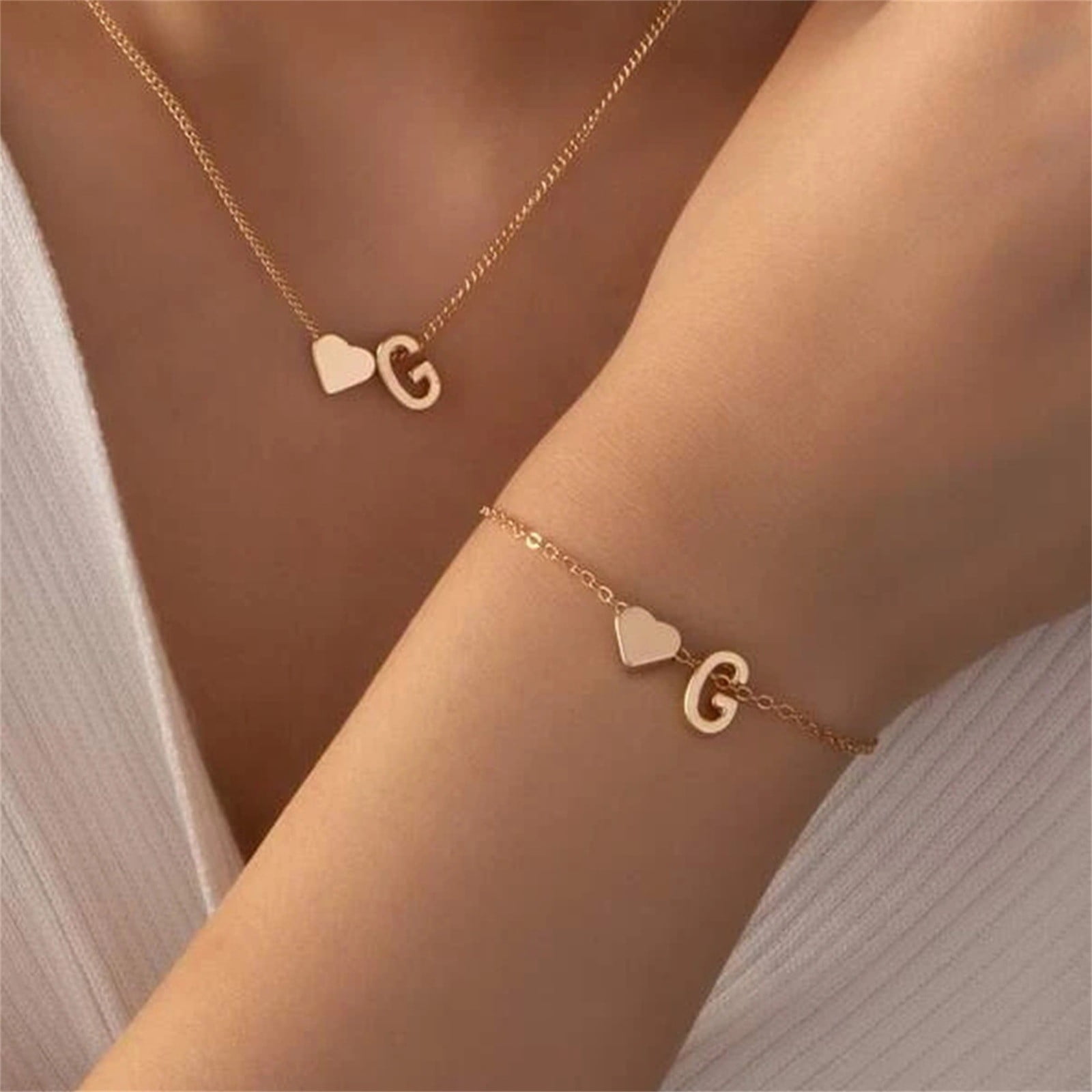 Collier Initial Heart Ensemble Bracelet Plaqué Or Collier Initial Lettre  Alphabet A Z 26 Bracelet pour Femmes Collier Perle avec Pendentif Initial