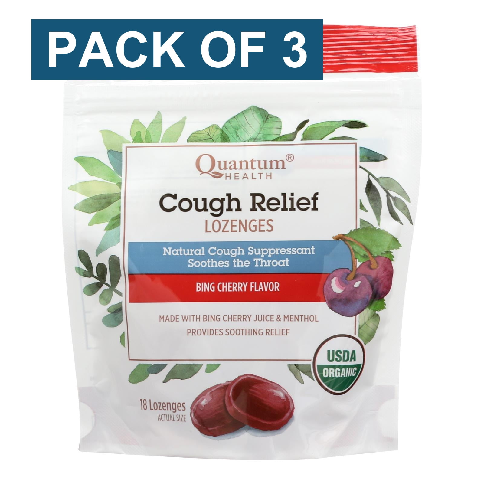 Quantum Research Organic Cough Relief Lozenges - Bing Cherry - 18 count - Pack of 3