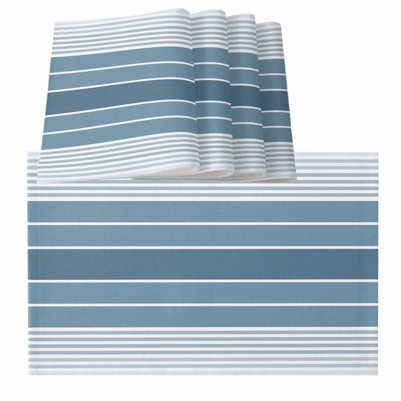 Blue Ombre Stripe Placemats for Dinning Table Set of 6, Farmhouse Striped Gradient Burlap Kitchen Place Mats Waterproof Cloth Table Mats, Indoor Outdoor Placemats Easy Clean Dinner Decor