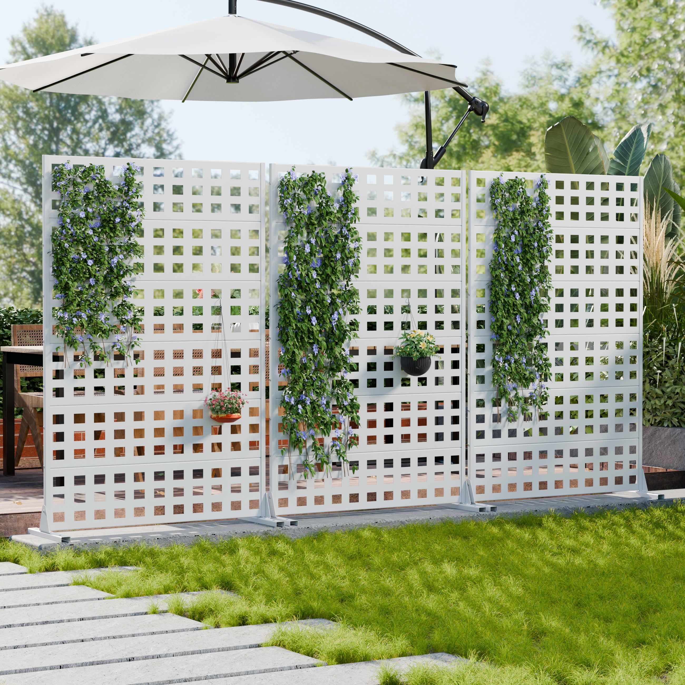 MAYEERTY Outdoor Metal Privacy Screen 6ft × 4ft White, 6-Panel Lattice Pattern, Rust-Resistant for Garden