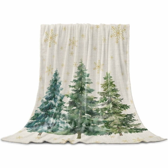 Green Christmas Tree Throw Flannel Blanket 32x48In Xmas Pine Trees Snowflakes Retro Linen Super Soft Cozy Bed Blanket, Lightweight Plush Fuzzy Bed Throw for Bedroom Sofa Couch Living Room