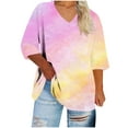thumbnail image 2 of Tops for Women 3/4 Sleeve Tie-dye Printed V-neck T-shirt Large Size Loose Blouse Pink XXXL, 2 of 5