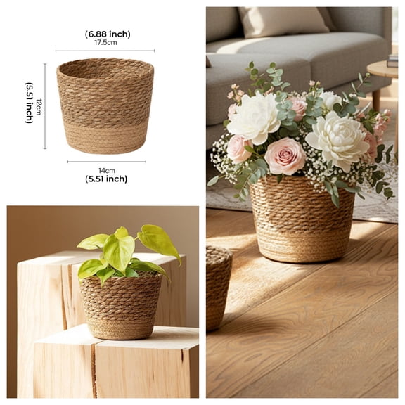 Straw Weaving Flower Pot Cover with Waterproof Inner Layer Wicker Storage Basket Rattan Garden Plant Pot Containers Seagrass Planter for Indoor Outdoor,Medium