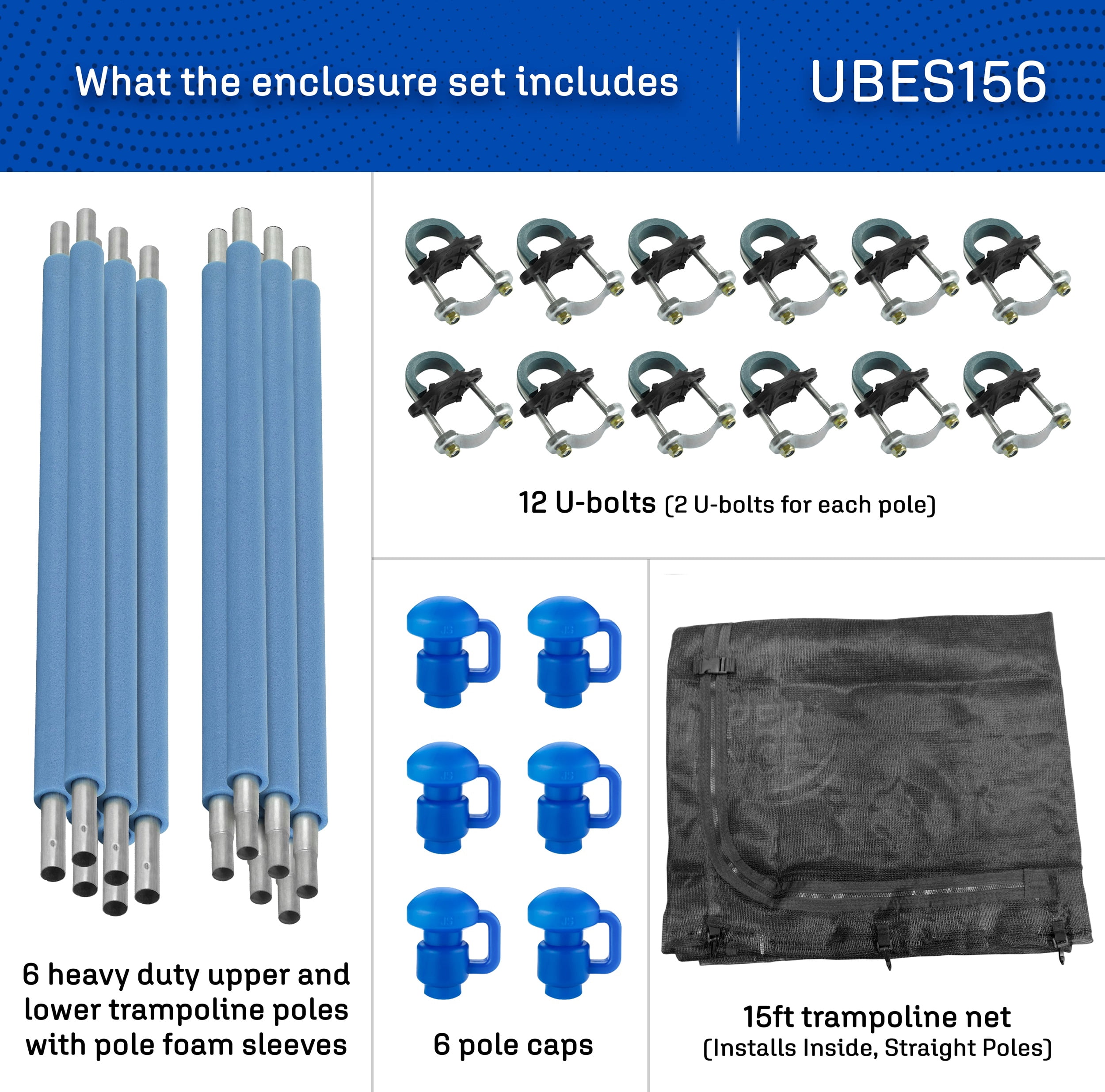 Machrus Upper Bounce Trampoline Safety Enclosure Set including Trampoline Net, 6 Trampoline Poles, Caps and Trampoline Pole Foam Sleeves - Fits 15ft Round Trampoline Frame - Installs Inside the Frame
