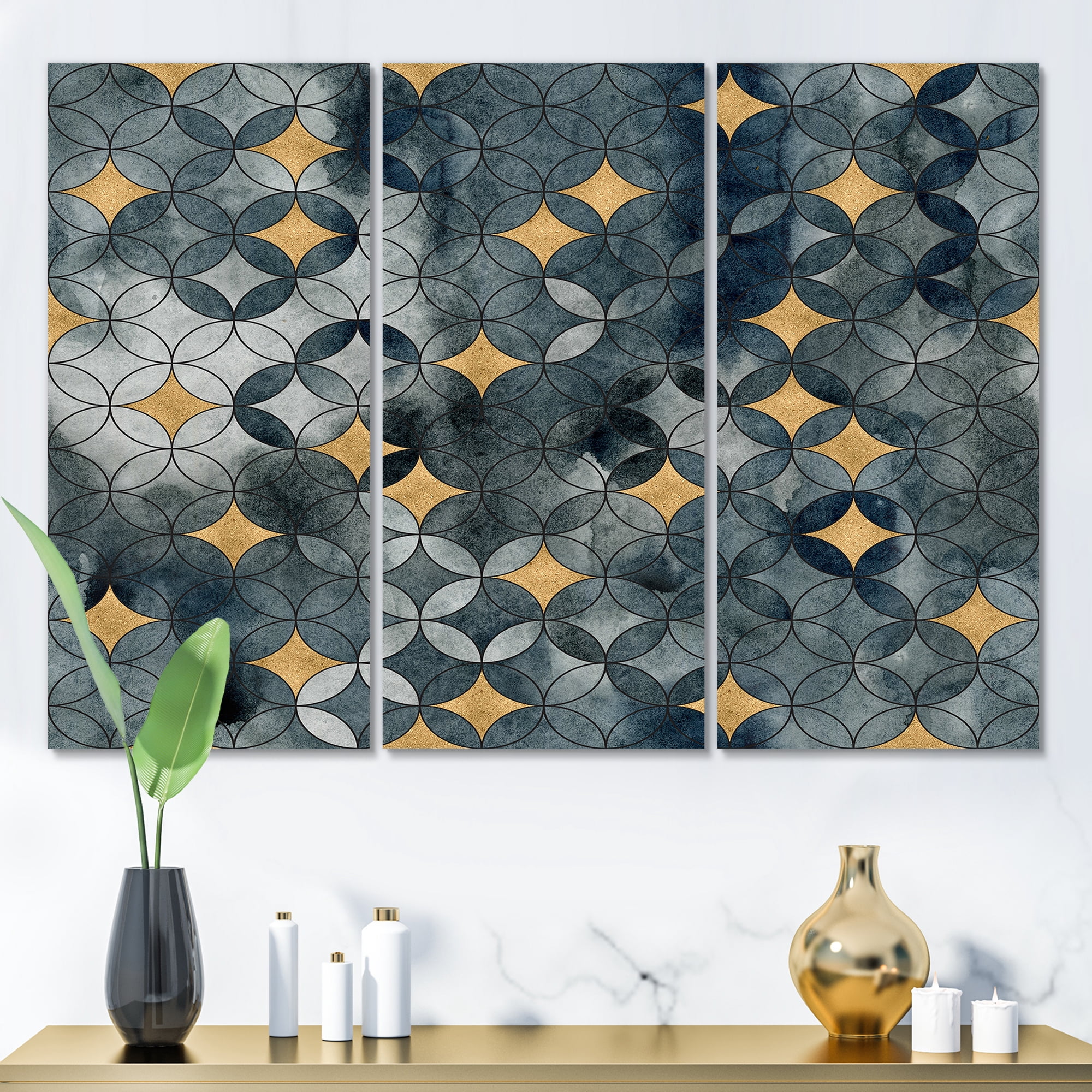 Designart ' Geometry Golden Stars With Intersecting Circles ' Modern Canvas Wall Art Print