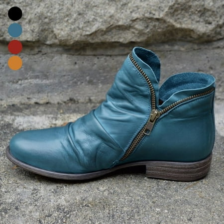 

XWQ Women Autumn Winter Faux Leather Ankle Boots Low Block Heel Zipper Bootie Shoes