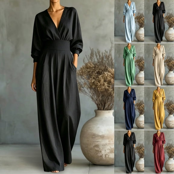 Hvogkswy Wide Leg Jumpsuits for Women Long Sleeve Wrap V Neck High Waist Romper Comfy Flowy Outdoor Hiking Casual Vacation Jumpsuit With Pockets