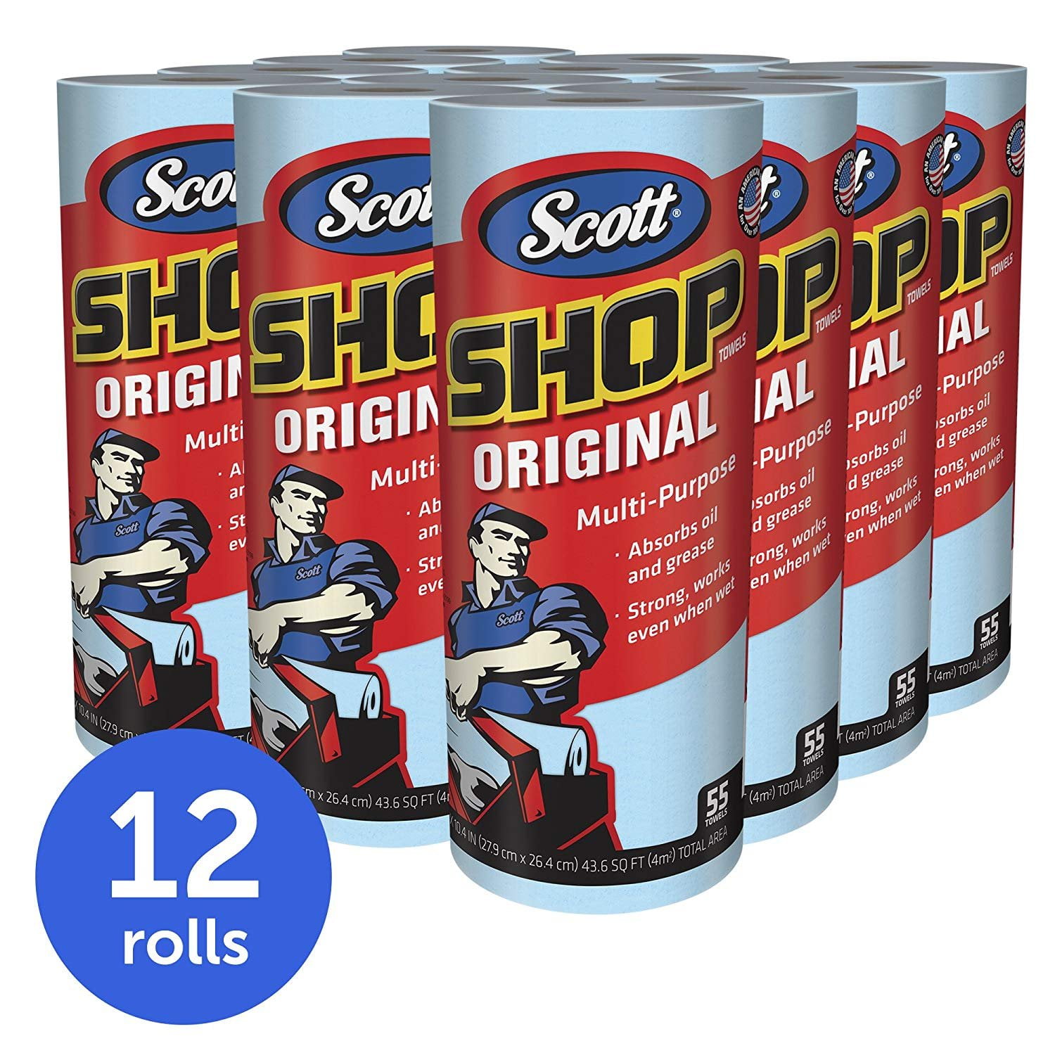 Scott Shop Towels Original (75147), Blue, 55 Sheets/Standard Roll, 12 Rolls/Case, 660 Towels/Case