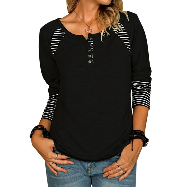 Innerwin T Shirt Long Sleeve Ladies T-shirt Work Striped Stitched Tee Black M