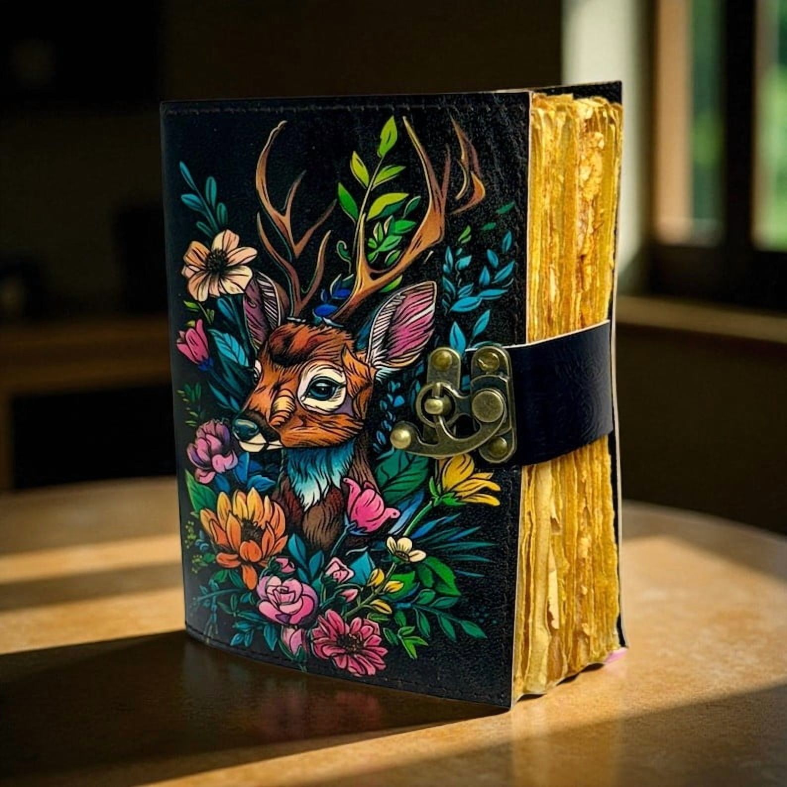 Handmade Leather Journal with Colorful Deer & Floral Artwork – 5x7 Inch Notebook, 200 Handmade Deckle Pages, Vintage Clasp, Artistic Writing Diary