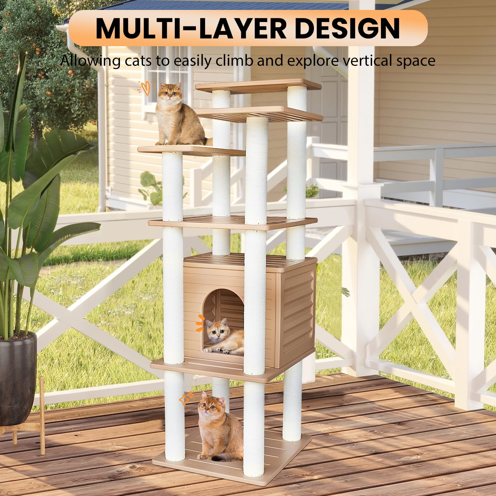 MAOHEGOU 62” Tall Cat Tree for Outdoor and Indoor Cats, Weatherproof Large Outdoor Cat Condo with Scratching Posts