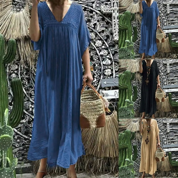 ZZwxWA Dresses for Women 2025 Casual Spring V Neck 3/4 Sleeve High Waisted Long Maxi Dress Beach Vacation Boho Summer Dress Solid Sundress Plus Size S-5XL