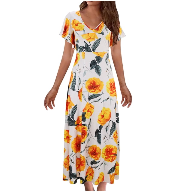 Vestido de Verano para Mujeres Impreso Cuello en V Manga Corta Vestido Delgado de Cintura, Vestido Corto de Verano