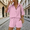 thumbnail image 6 of Women's Cotton Linen Solid Two Piece Outfit Casual Stylish Short Sleeve Shirt With Elastic Waist Shorts Breathable Lightweight Comfortable Summer Daily Wear Pink S, 6 of 8
