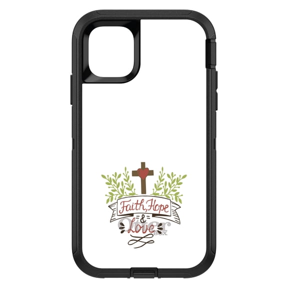 DistinctInk OtterBox Defender Custom Case for Apple iPhone 15 (6.1" Screen) - Cross & Leaves - Tempered Glass Back