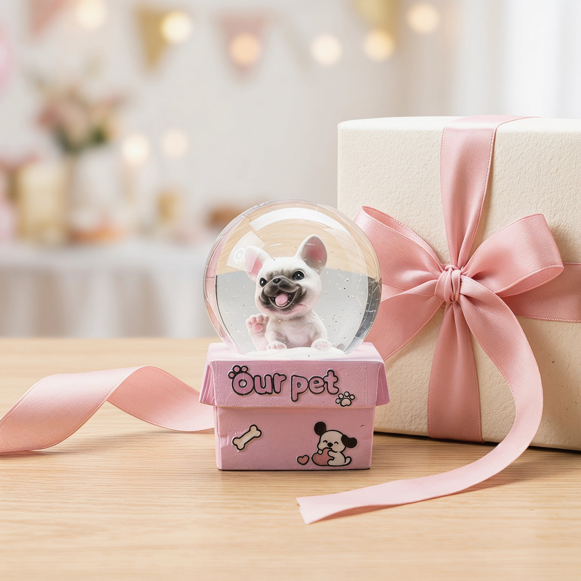 Unique Bargains Cartoon Light Up Crystal Ball Resin Snow Globe Figurine Desktop Pink