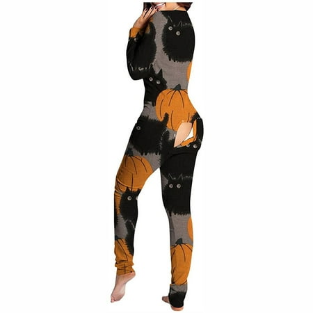 

Mchoice Womens One Piece Pajama Halloween Pajamas V Neck Long Sleeve Functional Buttoned Flap Adults Pajamas Jumpsuit Sleepwear Onesie pajamas for women