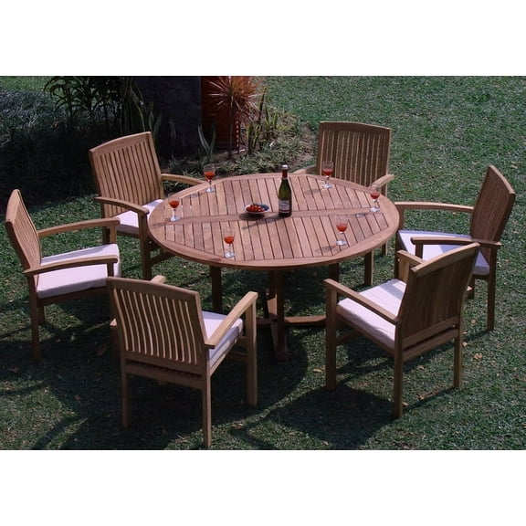 Teak Dining Set:6 Seater 7 Pc - 60" Round Table And 6 Wave Stacking Arm Chairs Outdoor Patio Grade-A Teak Wood WholesaleTeak #WMDSWV6