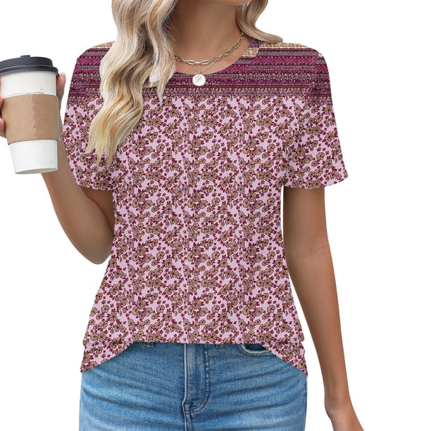 Puntoco Liquidación de blusas cortas para mujer Blusa informal de manga corta con cuello redondo a la moda para primavera/verano para mujer