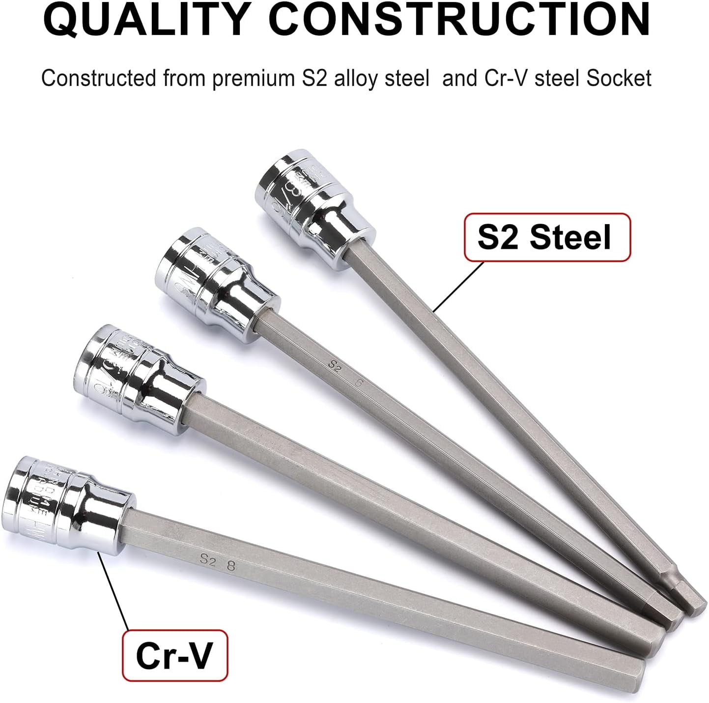 18 Pieces 3/8 Inch Drive Long Hex Bit Socket Set,1/8 Inch to 3/8 Inch, 3mm to 10mm, SAE&Metric, Extra Long Allen Hex Bit Socket Set, CR-V and S2 Steel