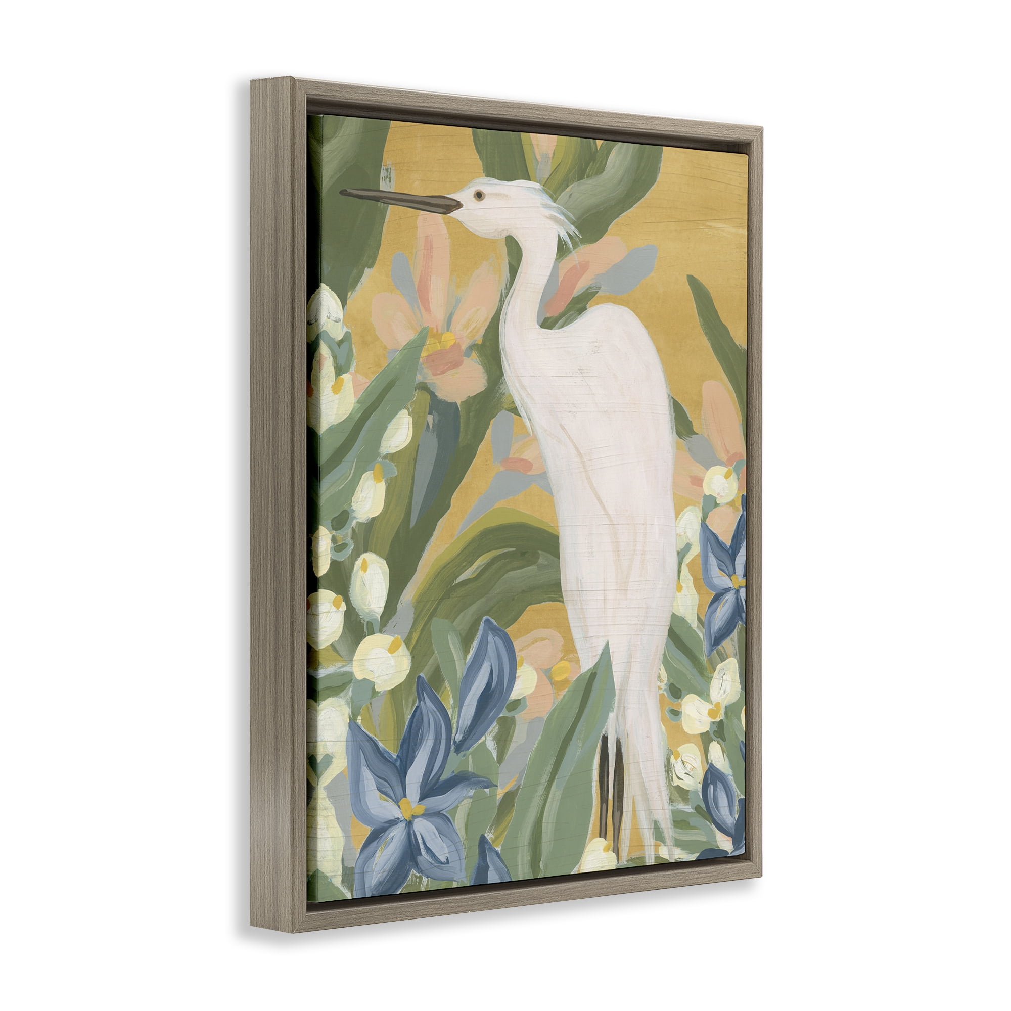 Stupell Industries Tropical Egret Painting Animals & Insects Painting Brown Floater Framed Canvas Art Print Wall Art, 17 x 21