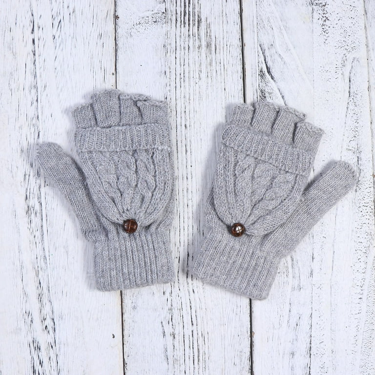 Women Winter Warm Wool Knitted Convertible Fingerless Gloves With