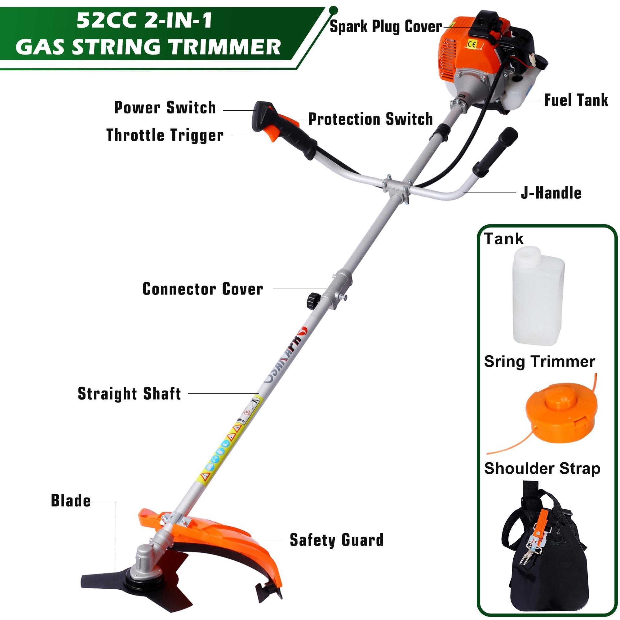Seizeen Weed Wacker Gas Powered, 52cc Powerful Weed Eater Cordless, 18" String Trimmer with 10" Brush Cutter, Full-Crank 2-cycle Engine, Double Handle, Shoulder Strap