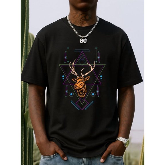 Geometric Deer T-Shirt Christmas print t shirt mens 180G 100% Cotton black Classic casual T-shirt, street style, summer casual wear, perfect for gift giving Everyday and weekend wear humor glitter C