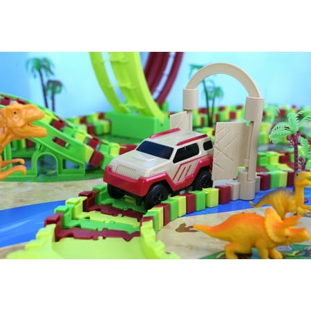 Kid Connection Dinosaur Park Track Set - Dino World, Flexible Race Track, Vehicles & Dinosaurs Included