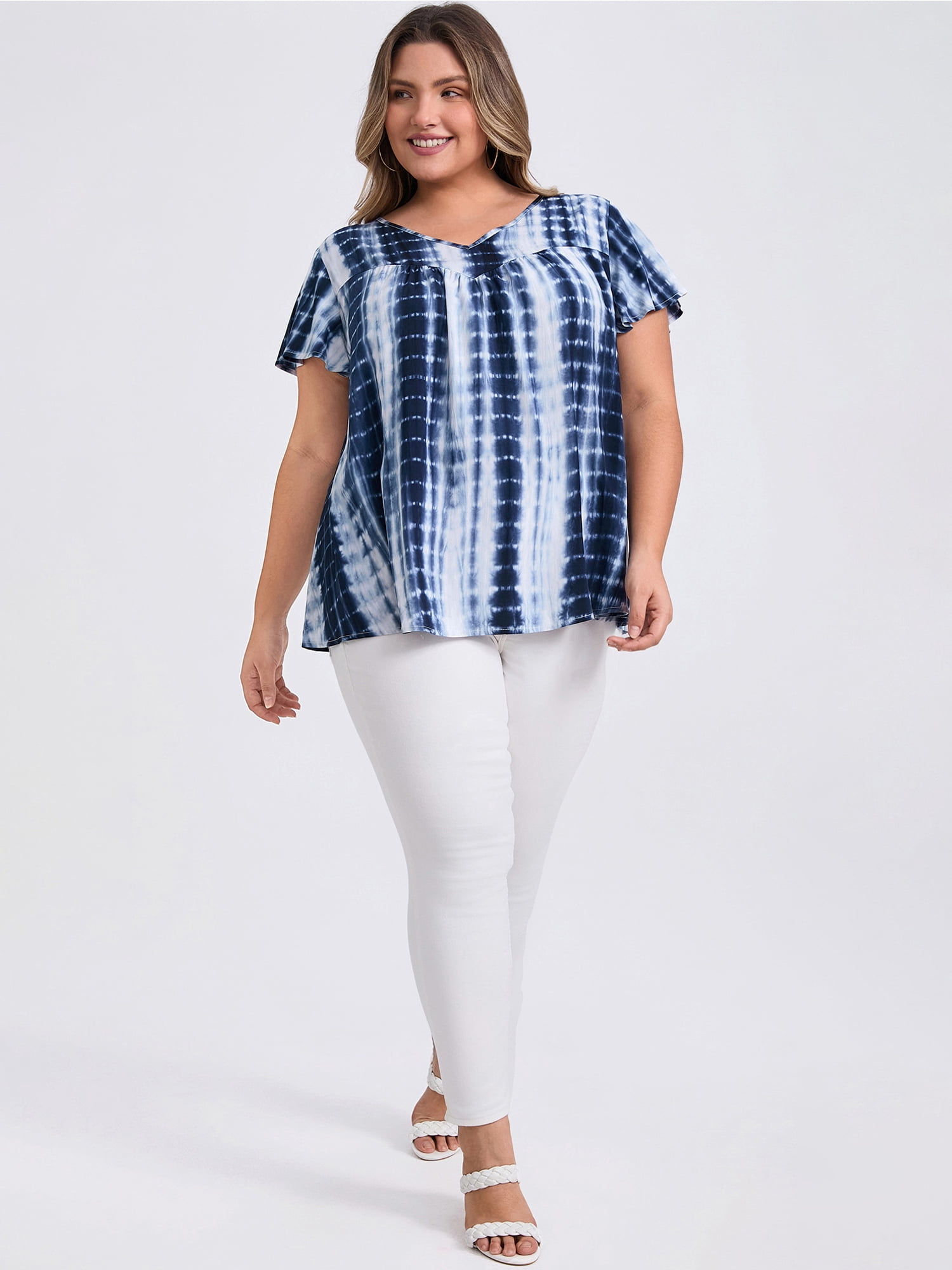 DARING DIVA Women's Plus Tie Dye V Neck Ruffle Sleeve Blouse 3X Dark Blue