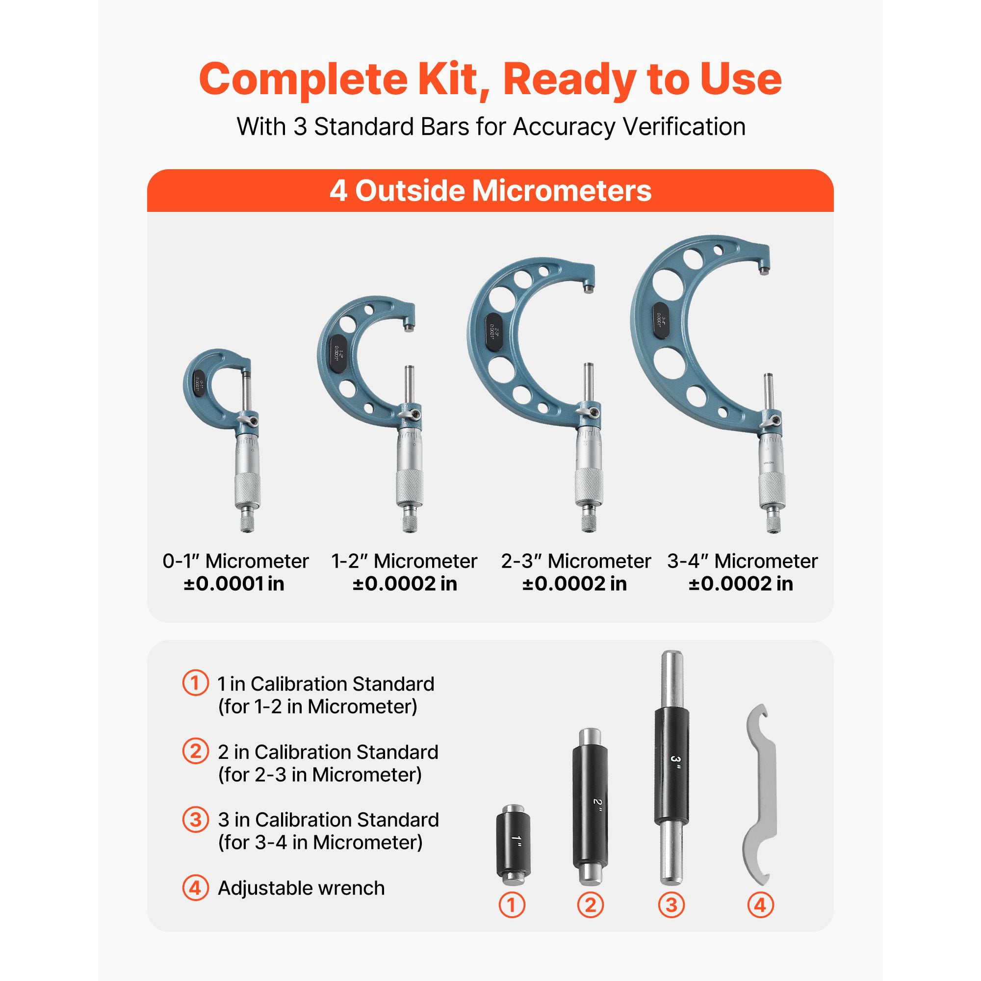 4-Piece High-Precision Micrometer Set, 0-4 inch Range, Carbide-Tipped Measuring Face, Includes 3 Calibration Rods & Hard Case, for Precision Engineering & Machining