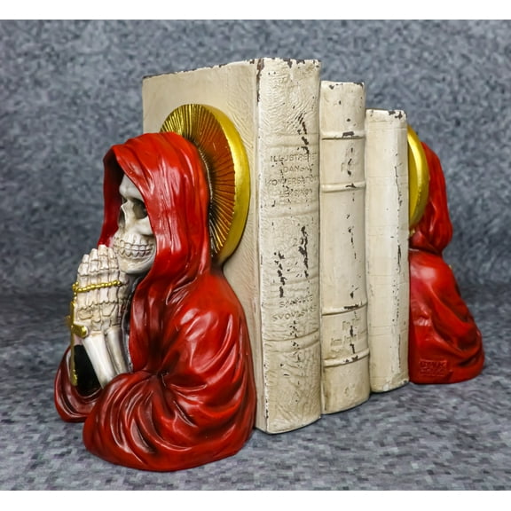 Day of The Dead Gothic Red Santa Muerte With Gold Halo Rosary Cross Bookends Set