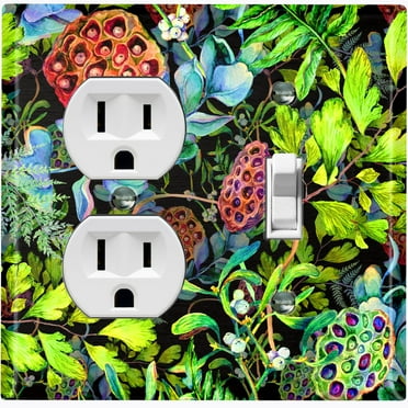 Metal Light Switch Plate Cover Red Lotus Pod Plant Leaves Green FLW024