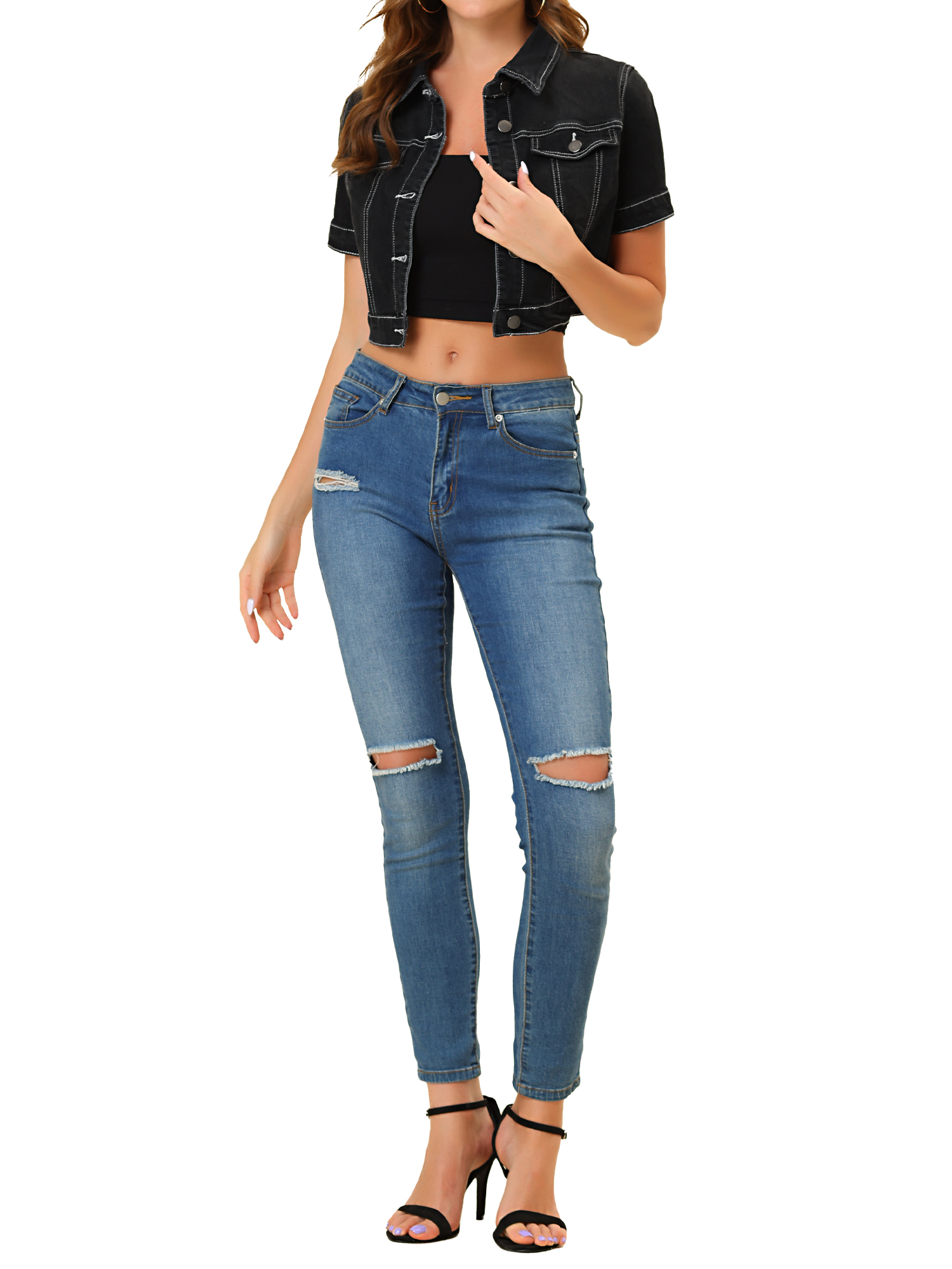 DARING DIVA Women's Short Sleeves Crop Button Down Denim Jacket XL Black