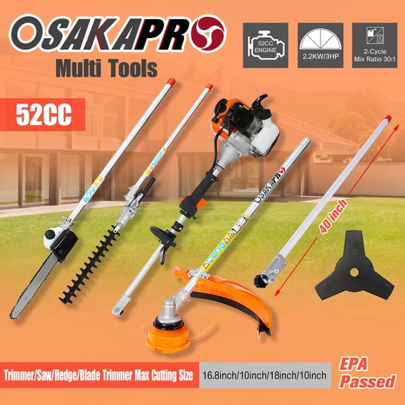 10 in 1 Multi-Functional Trimming Tool, 52CC 2-Cycle Garden Tool System with Gas Pole Saw, Hedge Trimmer, Grass Trimmer, and Brush Cutter EPA Compliant,