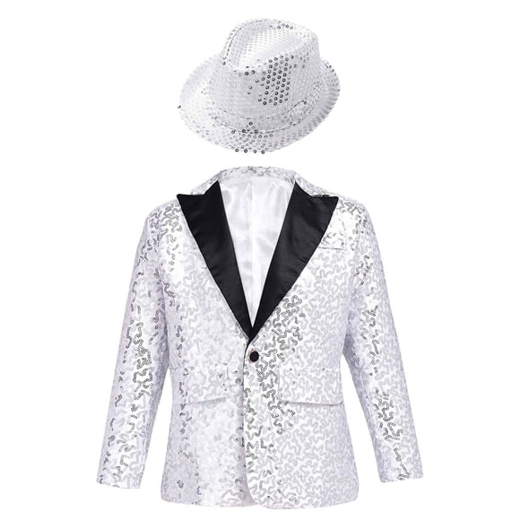 vastwit Children Boys Tuxedo Suit Shiny Sequins Blazer Jacket Formal Wedding Party Gentleman Coat Outwear and Hat Silver 8