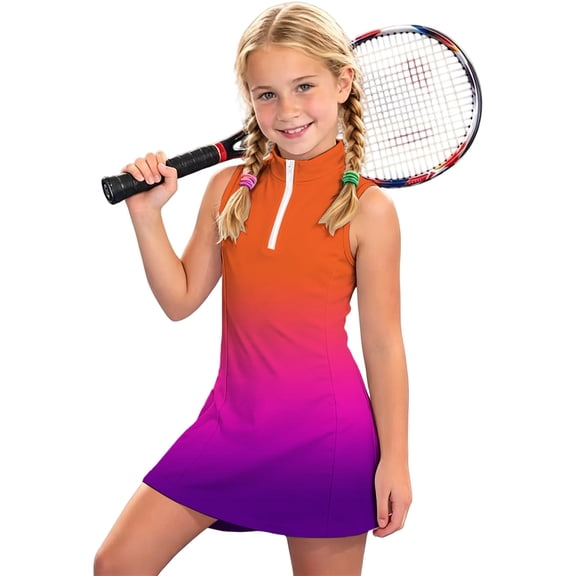 Girls Gradient Sleeveless Quarter Zip Athletic Dress, Kids Stand Collar A-Line Sport Dress, Breathable Tennis Golf Activewear for Summer(Orange,4-5 Years)
