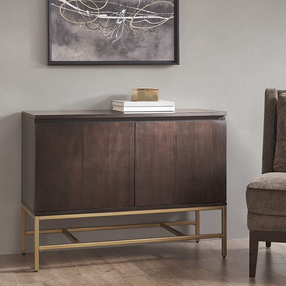 Contemporary Accent Storage Cabinet - Solid Wood, Gold Metal Base Included Captivating Base, 2 Shelf Design